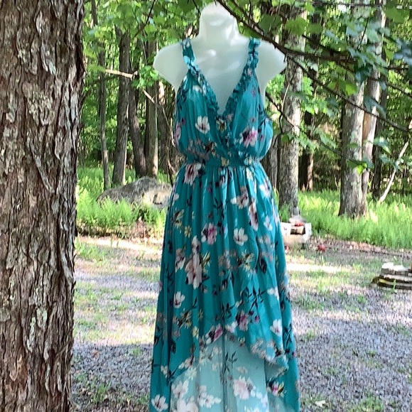 Turquoise Floral High Low Summer Dress Sz.S - Picture 2 of 6